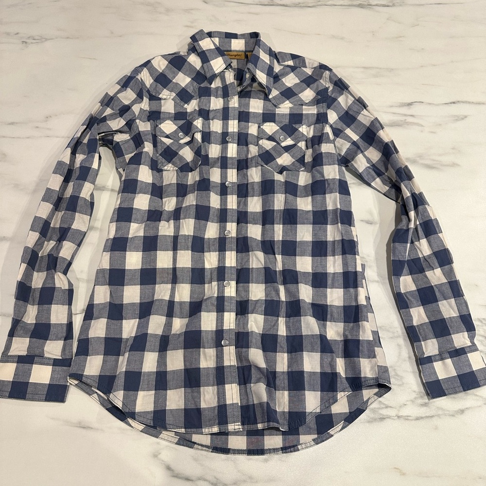 Small Pearl Snap Wrangler Blue White Long Sleeve